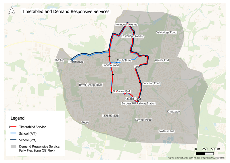 38 Flex’ Service with timetabled and school routes overlaid